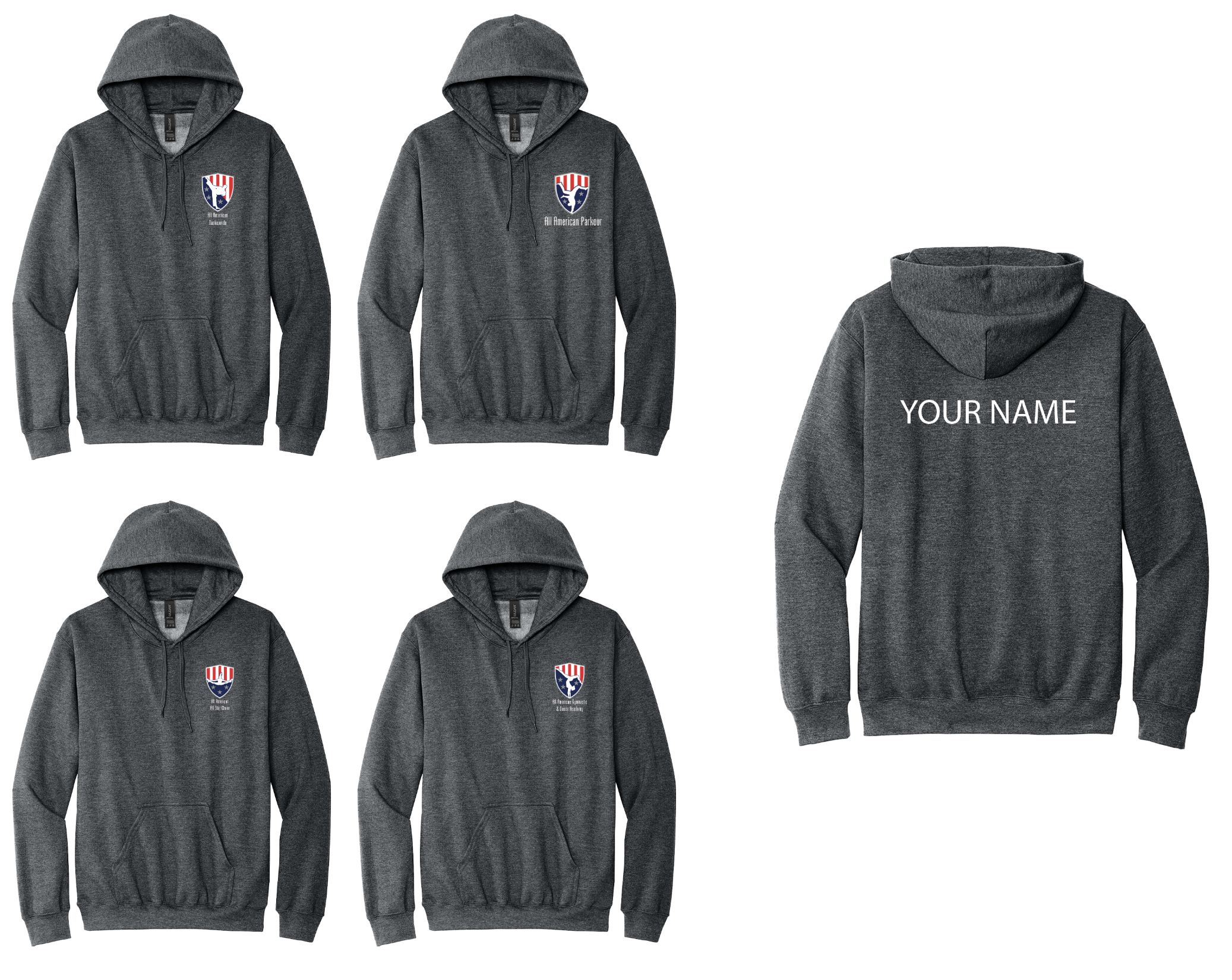 All American Gymnastics and Dance Hoodies small logo